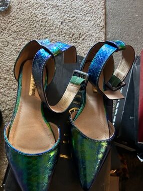 Liliana Iridescent Green-Blue Pointed Toe Ankle Strap Heels